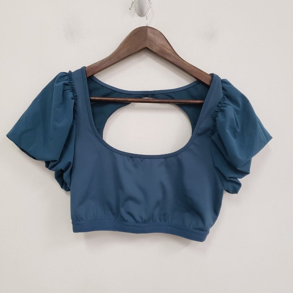 Free People Movement Womens Blue Crop Top Size M Blue Puff Sleeve Activewear